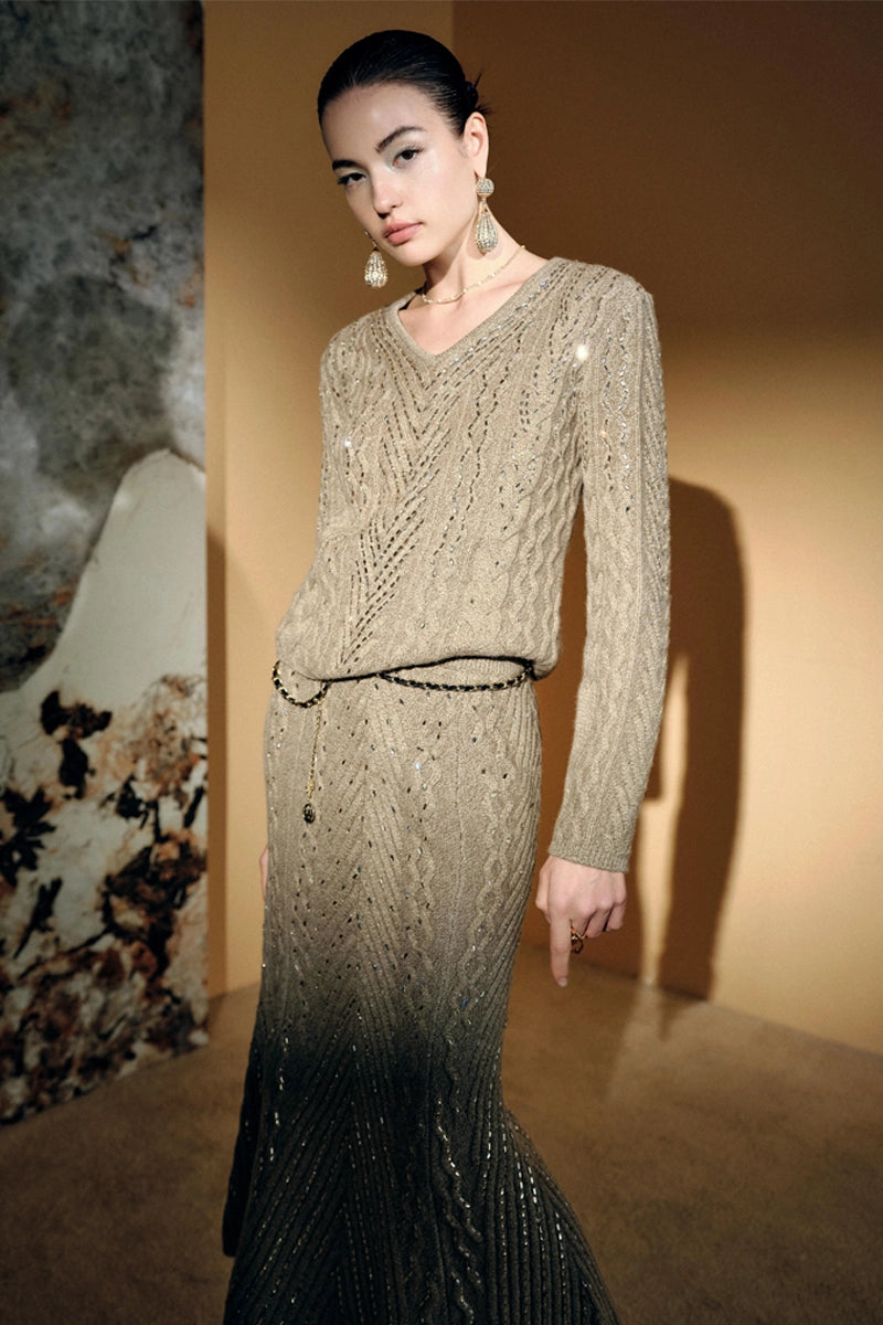 Front view of Solelegia Sparkling Crystal V-Neck Textured Knit Sweater with silver thread details