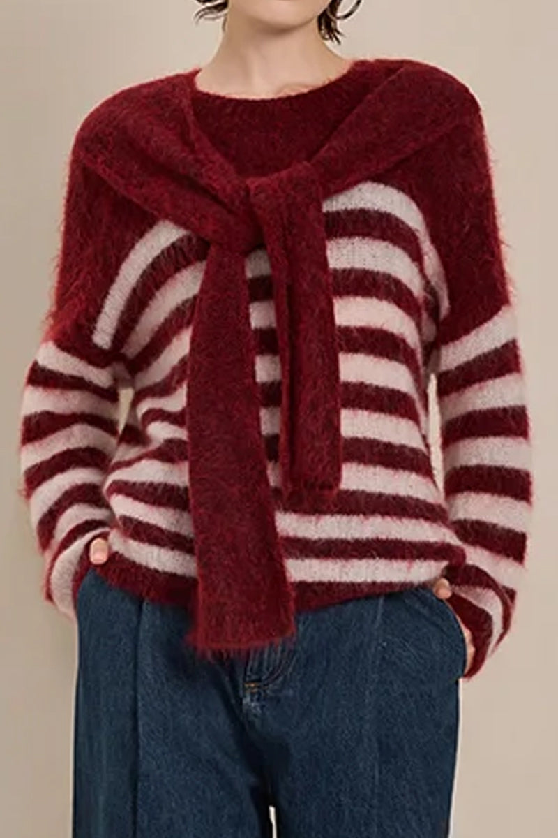 Detail demonstrating multiple styling options with Solelegia Versatile Knit Sweater