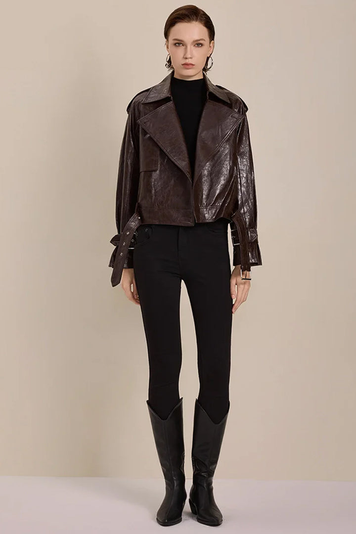 Front view of Solelegia Vintage American Style PU and Cotton Leather Jacket for Women