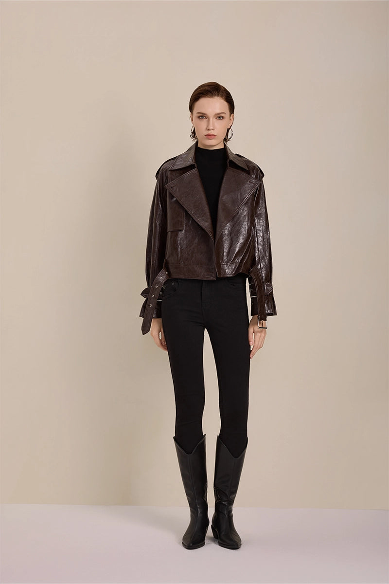 Front view of Solelegia Vintage American Style PU and Cotton Leather Jacket for Women