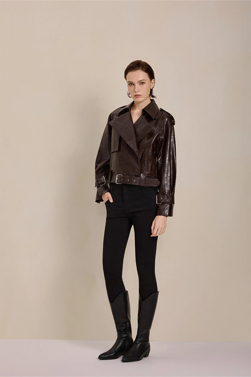 Model wearing Solelegia Vintage American Style Leather Jacket styled for retro casual look