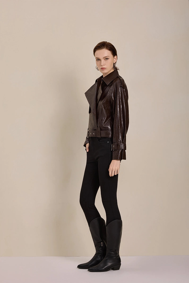 Side view of Solelegia Vintage American Style PU and Cotton Leather Jacket for Women