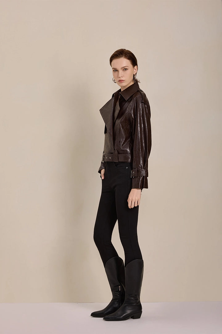 Side view of Solelegia Vintage American Style PU and Cotton Leather Jacket for Women