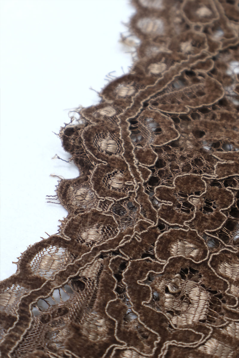 Close-up of delicate floral lace texture and scalloped hemline 