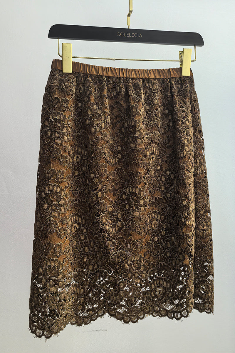 Close-up of delicate floral lace texture and scalloped hemline