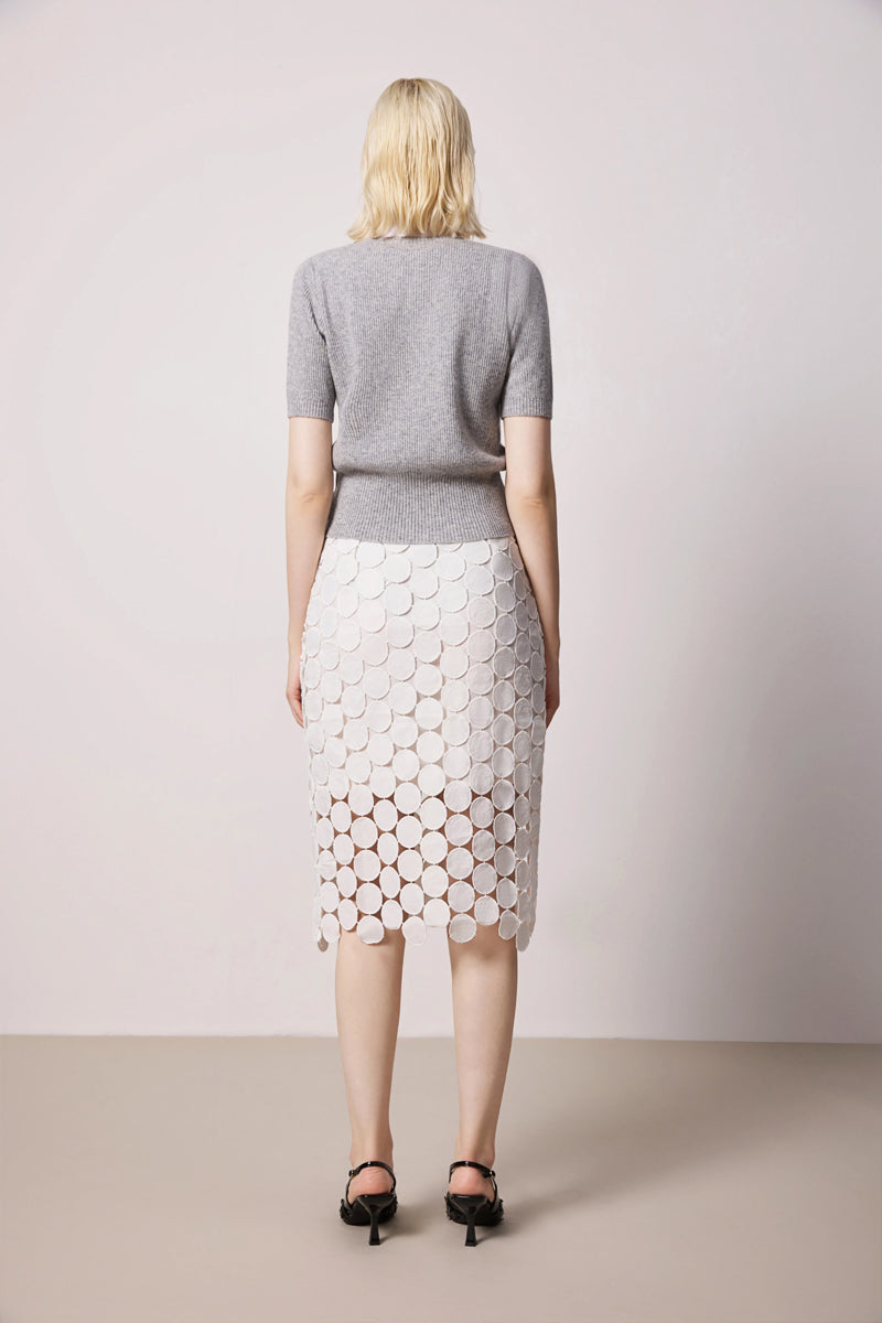 Solelegia white hollow-out slim straight skirt back view, chic versatile women’s skirt for formal events