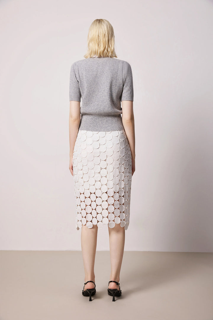 Solelegia white hollow-out slim straight skirt back view, chic versatile women’s skirt for formal events