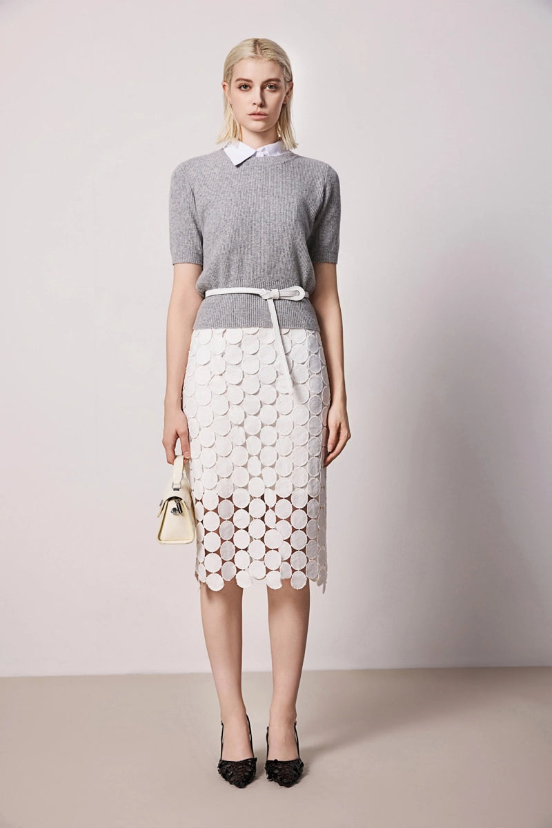 Solelegia white hollow-out slim straight skirt front view, elegant women’s skirt for chic occasions