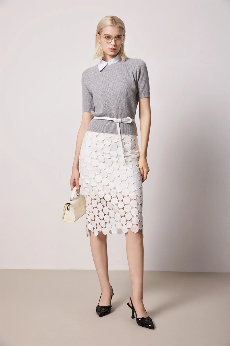 Model wearing Solelegia white hollow-out slim straight skirt, elegant outfit for party and evening occasions