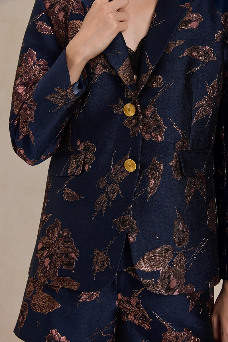 Detail view of Solelegia Women's Gold Jacquard Blazer