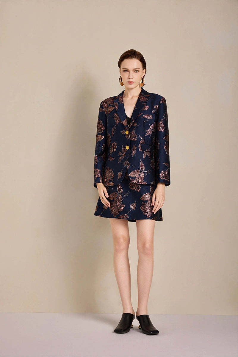 Front view of Solelegia Women's Gold Jacquard Blazer