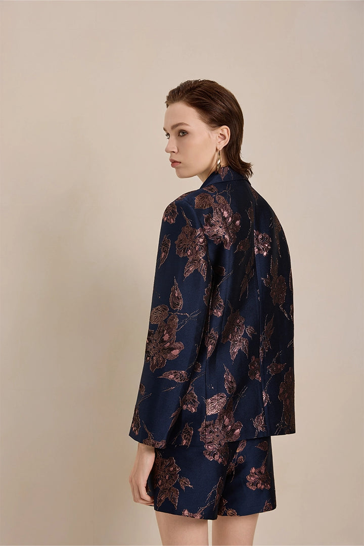 Side view of Solelegia Women's Gold Jacquard Blazer