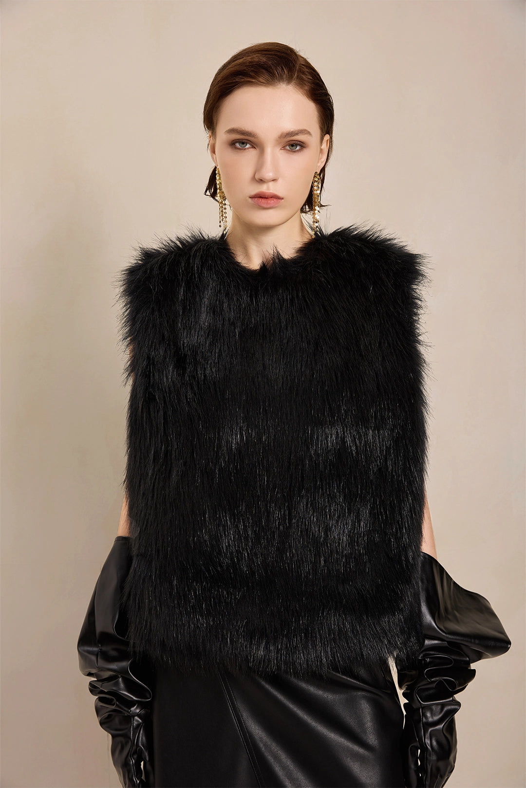 Detail view of Solelegia Women's Long Hair Faux Fur Vest, soft and warm winter layering