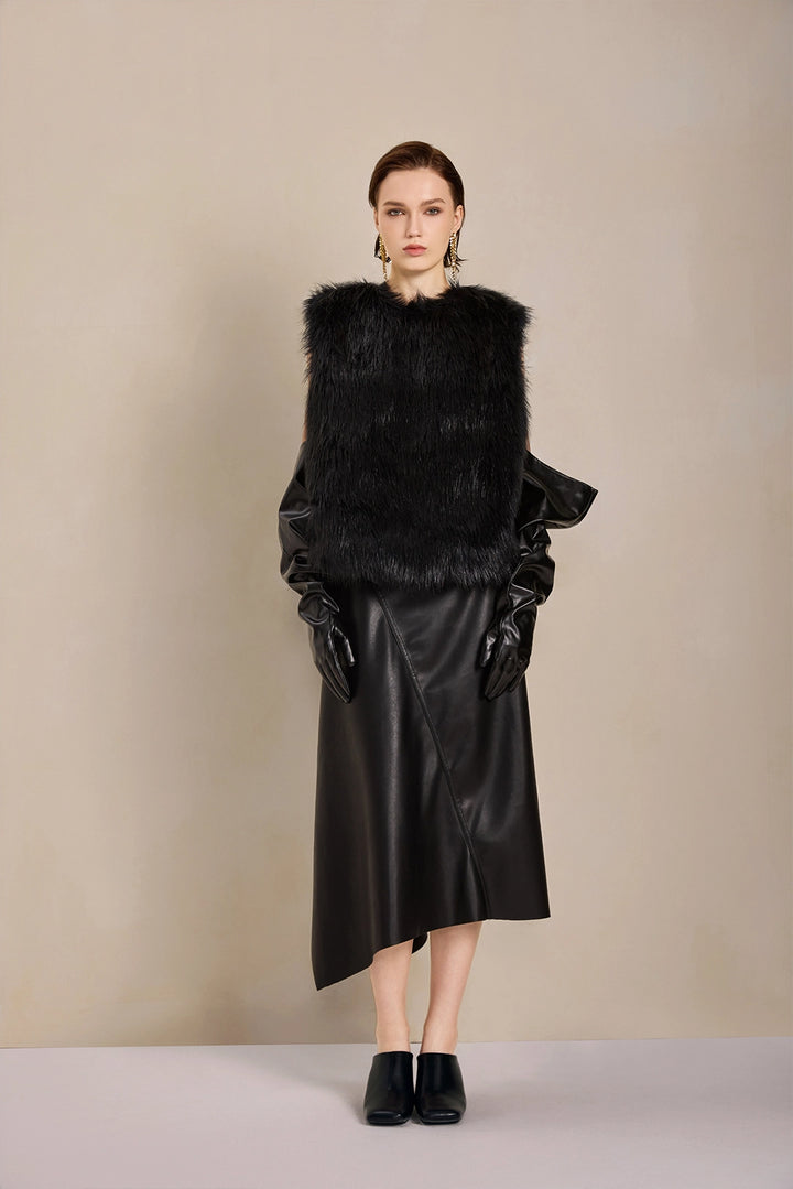 Front view of Solelegia Women's Long Hair Faux Fur Vest, soft and warm winter layering