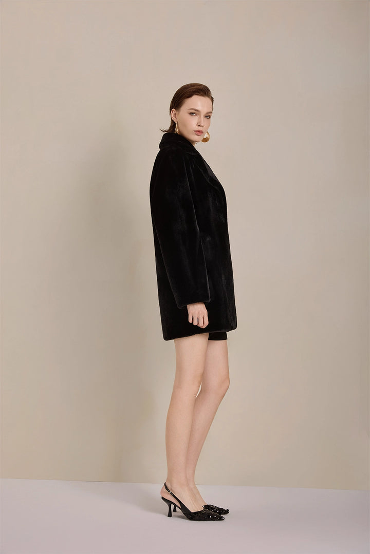 Side view of Solelegia Women's Elegant Faux Fur Coat