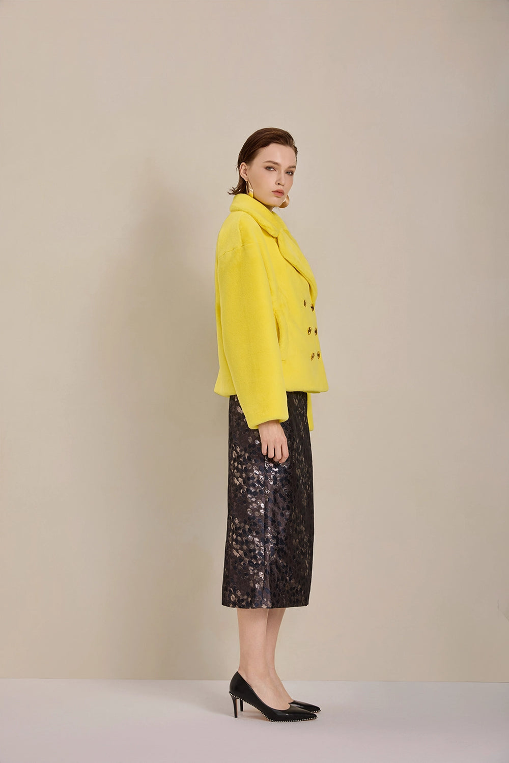 Side view of Solelegia Women's Elegant Faux Fur Coat