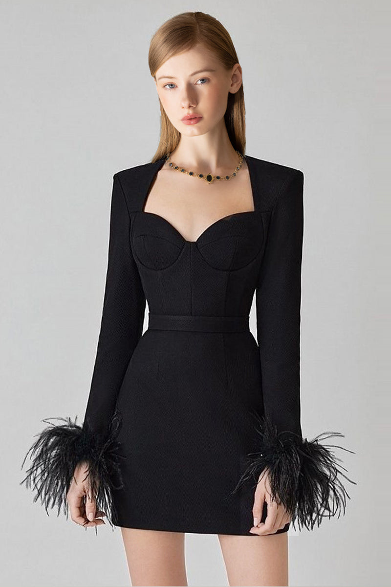 Women's evening dress front view with square neckline