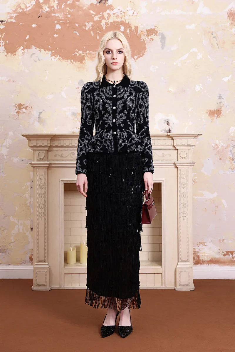 Model wearing velvet sculpted waist blouse, elegant versatile outfit for party and chic occasions