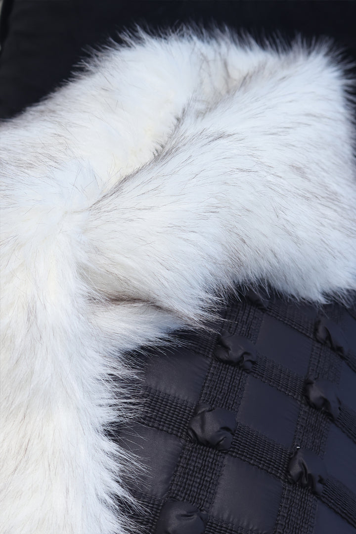 Noir Luxe faux fur collar – soft white cross-wrap detail