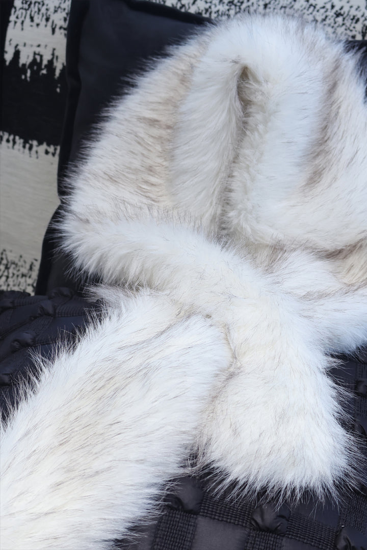 Noir Luxe faux fur collar – soft white cross-wrap detail