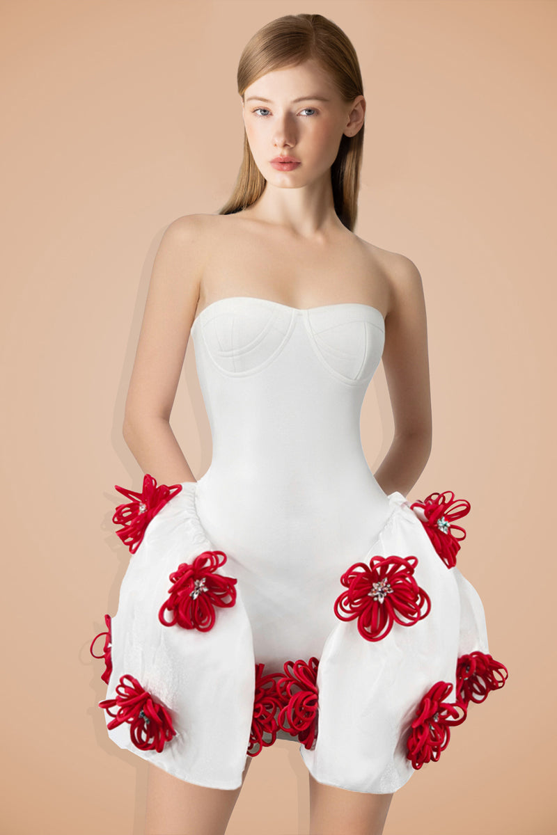 White French Hepburn tube top tutu dress with 3D floral embellishments
